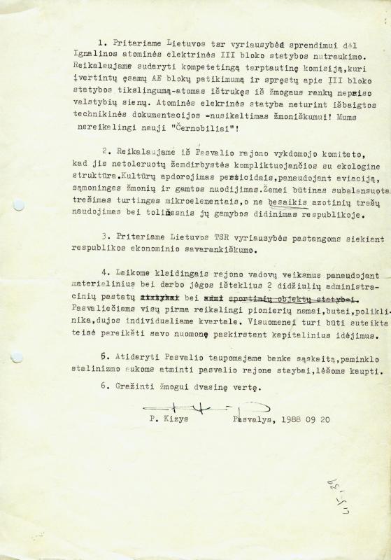 P. Kizio 1988 m. rugsėjo 20 d. raštas
