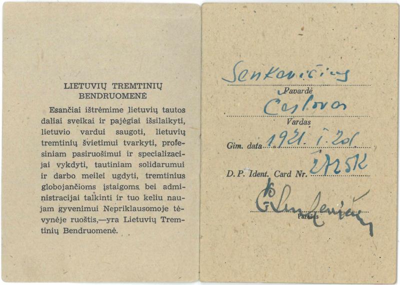 Lietuvių tremtinių bendruomenės mokesčių knygelė, išduota Česlovui Senkevičiui. 1948–1950 m.
