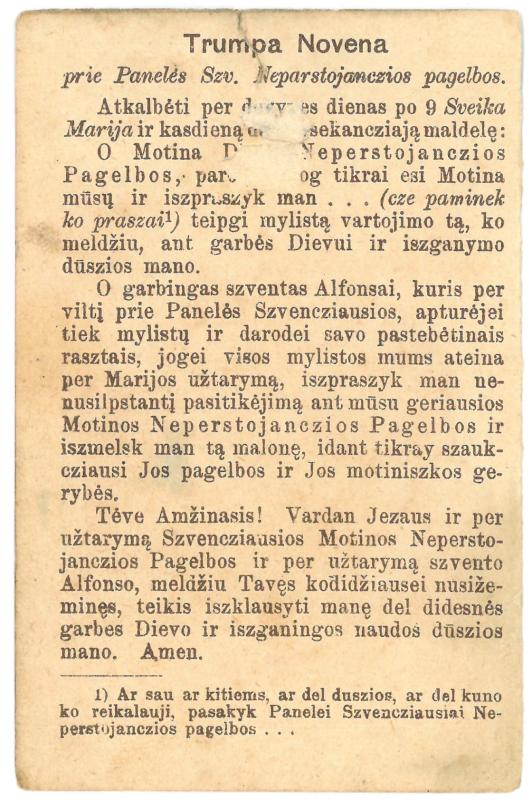 Religinis paveikslėlis. „Panele SS. Neperstojanczios Pagelbos“. Kitoje paveikslėlio pusėje: Trumpa Novena „prie Panelės Szv. Neparstojanczios pagelbos“