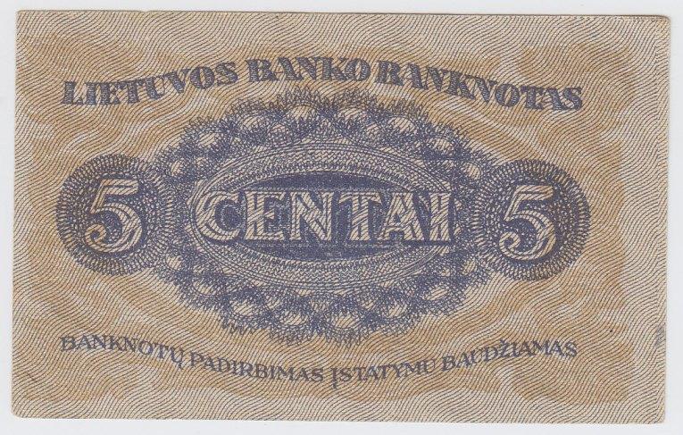 Banknotas. 5 centai. 1922 m. lapkričio 16 d. Lietuva