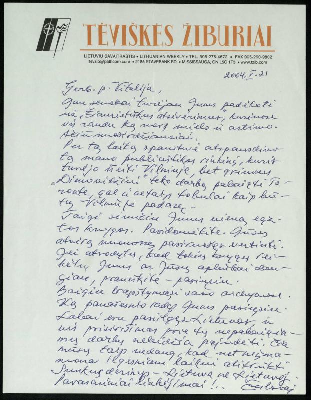 Rašytojo, savaitraščio „Tėviškės Žiburiai“ redaktoriaus Česlovo Senkevičiaus laiškai Pasvalio Mariaus Katiliškio viešosios bibliotekos bibliotekininkei Vitalijai Kazilionytei. 2001–2012 m.