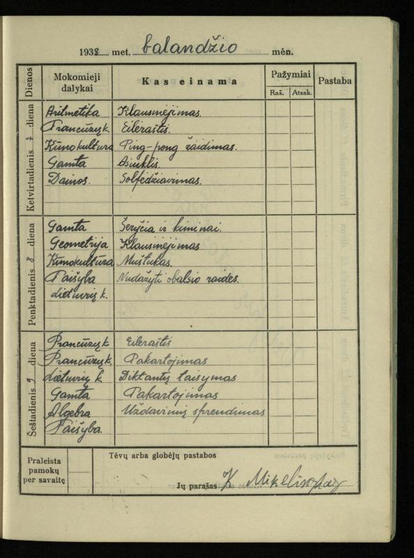 Pasvalio inž. P. Vileišio valstybinės gimnazijos I klasės mokinio Jono Mikelinsko dienynas. 1937–1938 m.