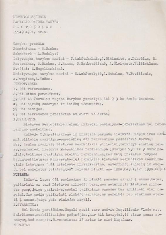 Lietuvos Sajūdžio Pasvalio rajono Tarybos 1994 m. balandžio 21 d. posėdžio PROTOKOLAS Nr. 4