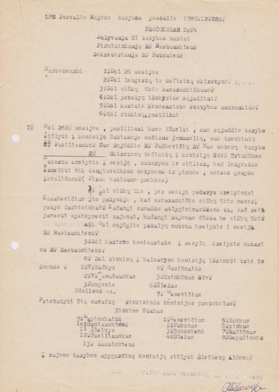 LPS Pasvalio rajono tarybos 1989.12.22 d. posėdžio PROTOKOLAS Nr. 4