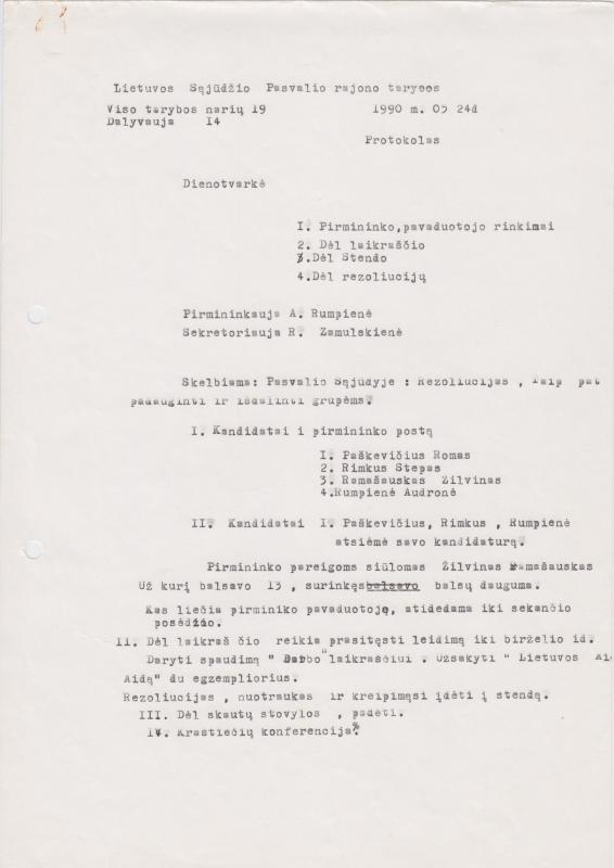 Lietuvos Sąjūdžio Pasvalio rajono tarybos 1990 m. gegužės 24 d. protokolas