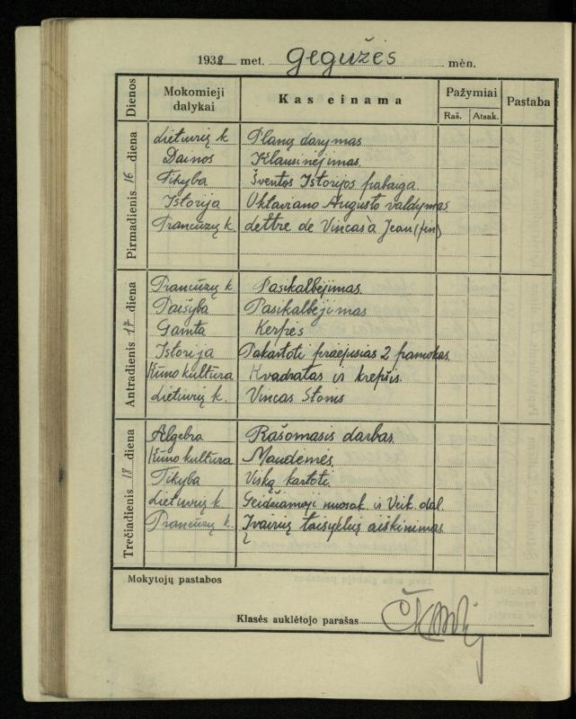 Pasvalio inž. P. Vileišio valstybinės gimnazijos I klasės mokinio Jono Mikelinsko dienynas. 1937–1938 m.