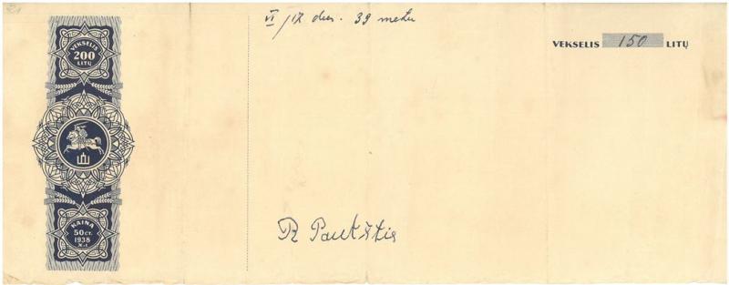 Vekselis. 150 litų vertės, 1939 m. birželio 17 d.