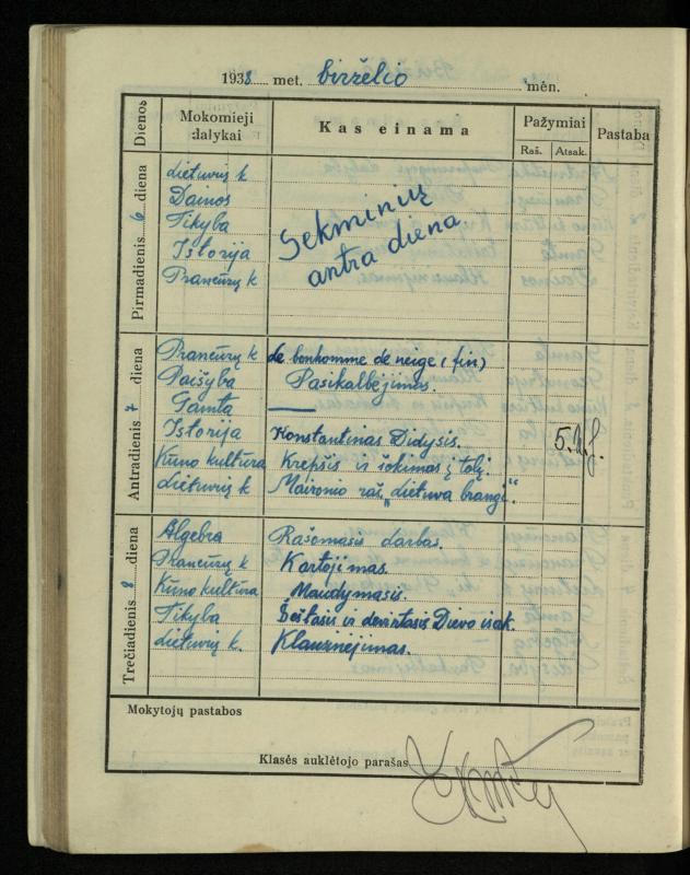 Pasvalio inž. P. Vileišio valstybinės gimnazijos I klasės mokinio Jono Mikelinsko dienynas. 1937–1938 m.