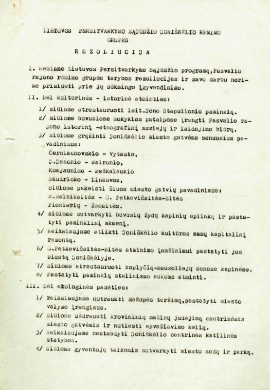 Lietuvos Persitvarkymo Sąjūdžio Joniškėlio rėmimo grupės rezoliucija