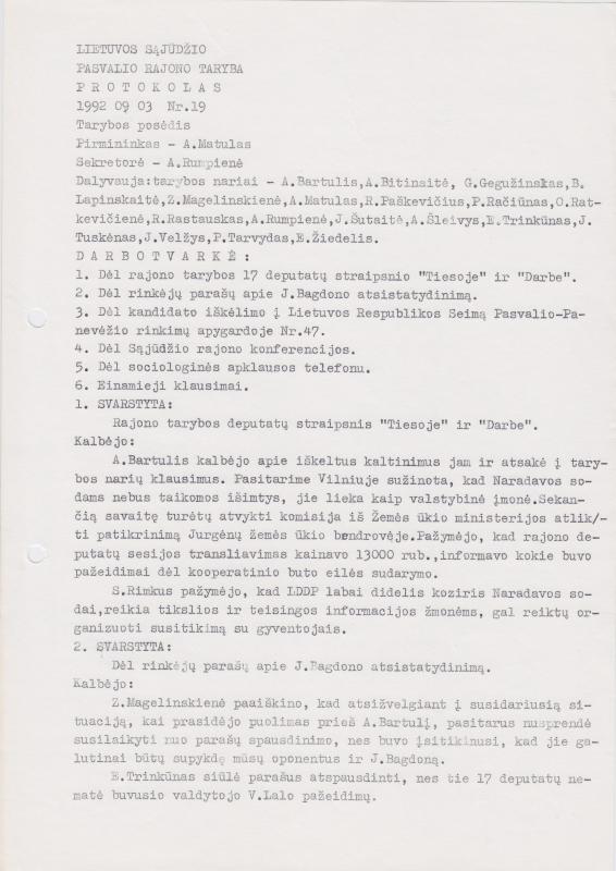Lietuvos Sajūdžio Pasvalio rajono Tarybos 1992 m. rugsėjo 3 d. posėdžio PROTOKOLAS Nr. 19