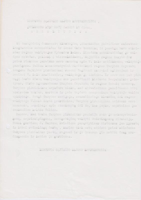 Lietuvos Sajūdžio Pasvalio rajono konferencijos, įvykusios 1992 m. sausio 18 d., REZOLIUCIJA