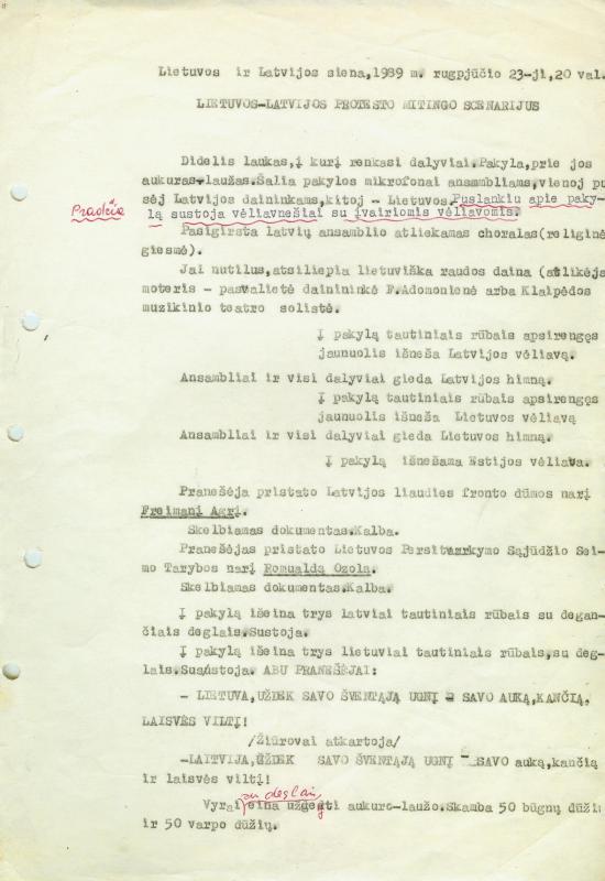 Lietuvos–Latvijos protesto mitingo scenarijus (fragmentas). 1989 m. rugpjūčio 23 d.