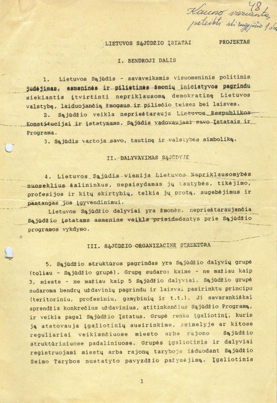 Lietuvos Sąjūdžio įstatai. Kauno variantas