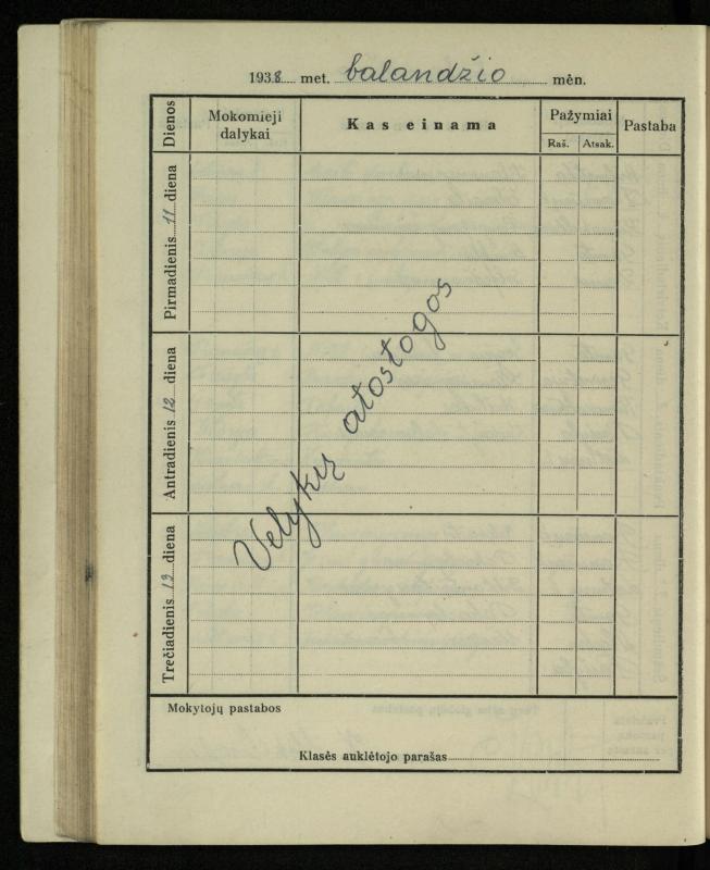 Pasvalio inž. P. Vileišio valstybinės gimnazijos I klasės mokinio Jono Mikelinsko dienynas. 1937–1938 m.
