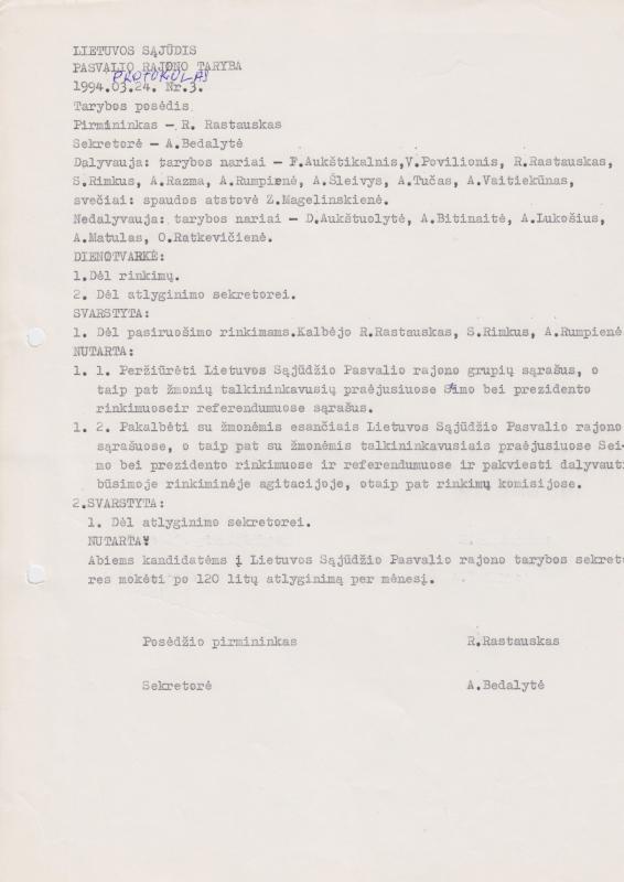 Lietuvos Sajūdžio Pasvalio rajono Tarybos 1994 m. kovo 24 d. posėdžio PROTOKOLAS Nr. 3