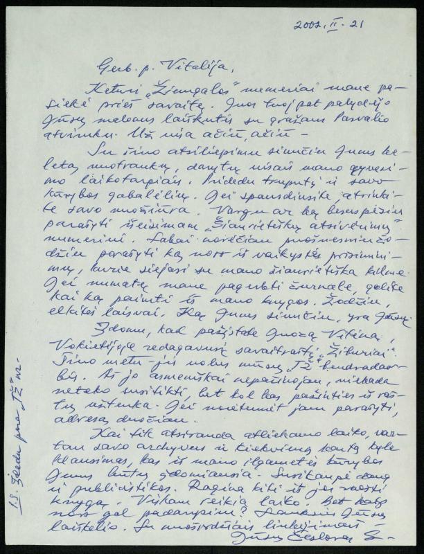 Rašytojo, savaitraščio „Tėviškės Žiburiai“ redaktoriaus Česlovo Senkevičiaus laiškai Pasvalio Mariaus Katiliškio viešosios bibliotekos bibliotekininkei Vitalijai Kazilionytei. 2001–2012 m.