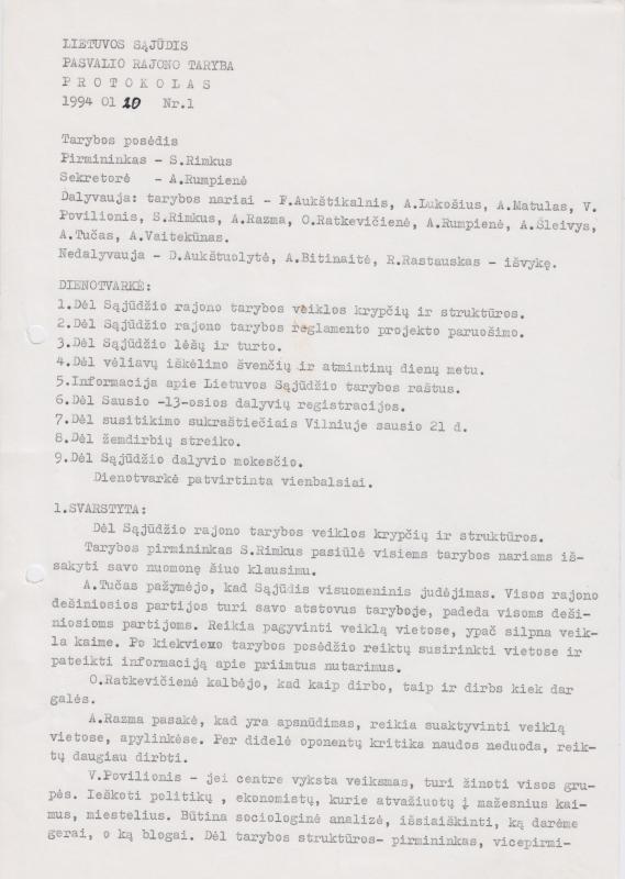 Lietuvos Sajūdžio Pasvalio rajono Tarybos 1994 m. sausio 20 d. posėdžio PROTOKOLAS Nr. 1