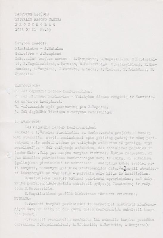 Lietuvos Sajūdžio Pasvalio rajono Tarybos 1993 m. liepos 1 d. posėdžio PROTOKOLAS Nr. 29