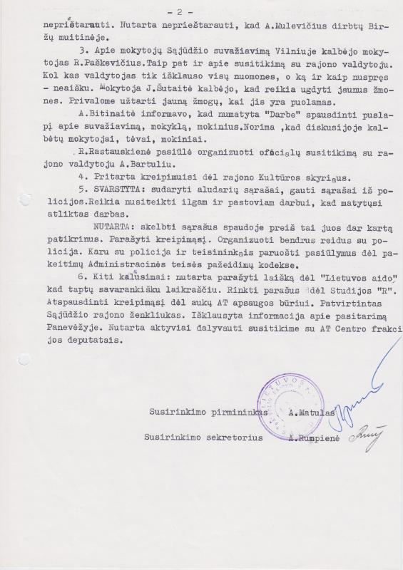 Lietuvos Sajūdžio Pasvalio rajono tarybos susirinkimo, įvykusio 1992 m. kovo 5 d., PROTOKOLAS Nr. 6