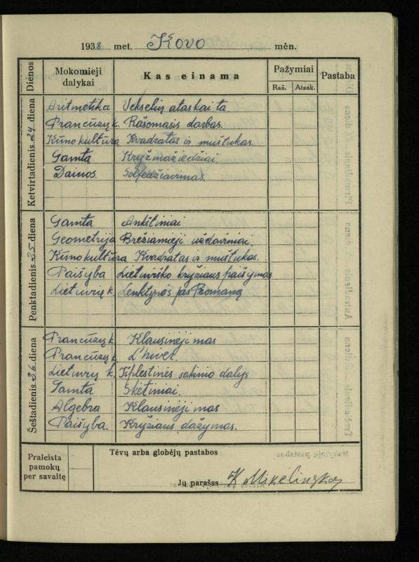 Pasvalio inž. P. Vileišio valstybinės gimnazijos I klasės mokinio Jono Mikelinsko dienynas. 1937–1938 m.