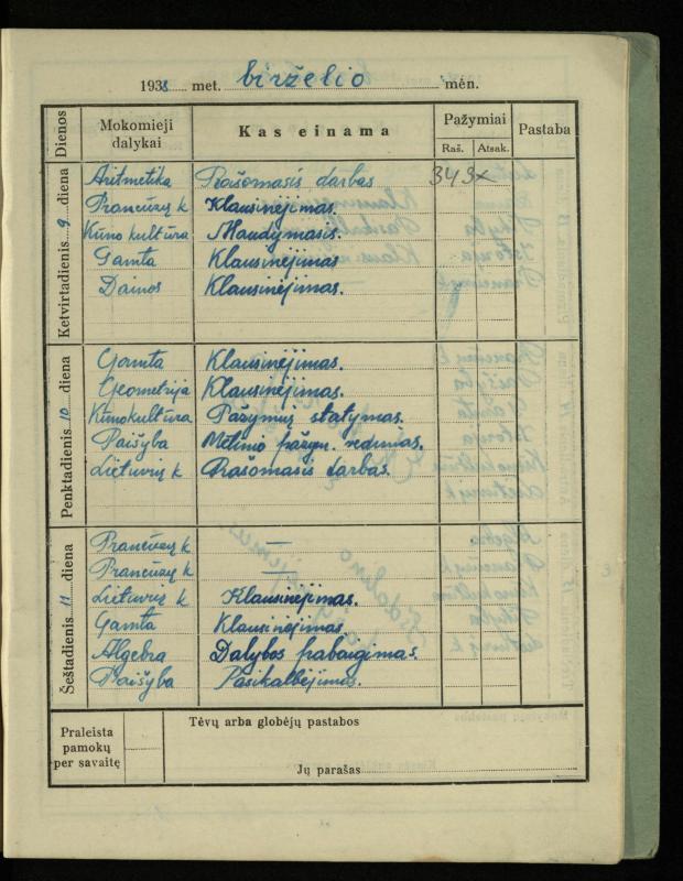 Pasvalio inž. P. Vileišio valstybinės gimnazijos I klasės mokinio Jono Mikelinsko dienynas. 1937–1938 m.