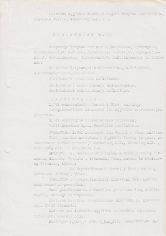 Lietuvos Sajūdžio Pasvalio rajono Tarybos susirinkimo, įvykusio 1991 m. lapkričio 7 d., PROTOKOLAS Nr. 26