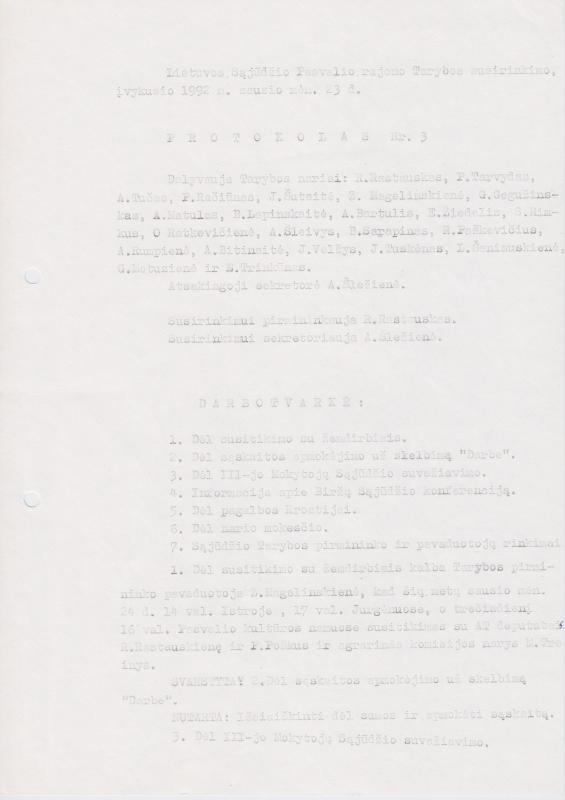 Lietuvos Sajūdžio Pasvalio rajono susirinkimo, įvykusio 1992 m. sausio 23 d., PROTOKOLAS Nr. 3