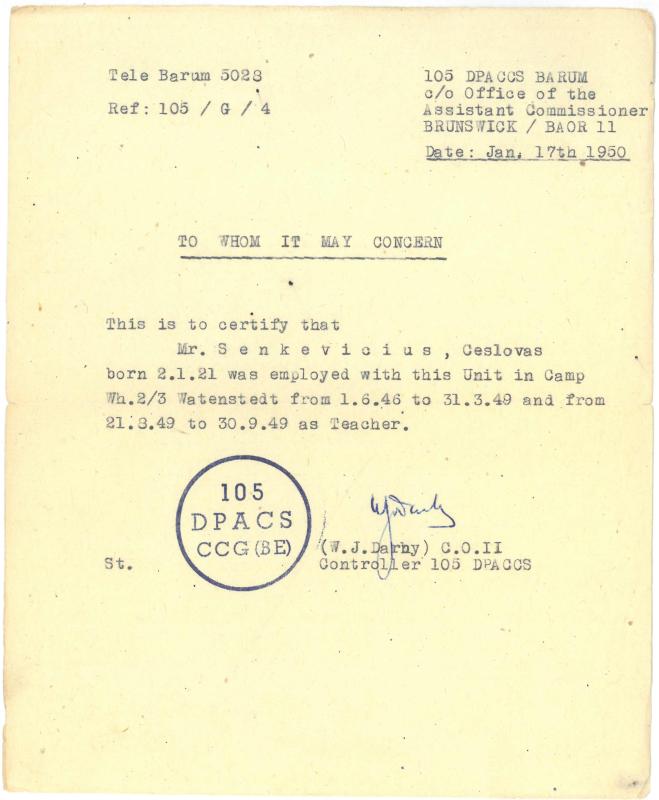 Braunšveigo viršininko pavaduotojo išduotas pažymėjimas, liudijantis, kad Česlovas Senkevičius Watenstedt stovykloje dirbo mokytoju. 1950 m. sausio 17 d.