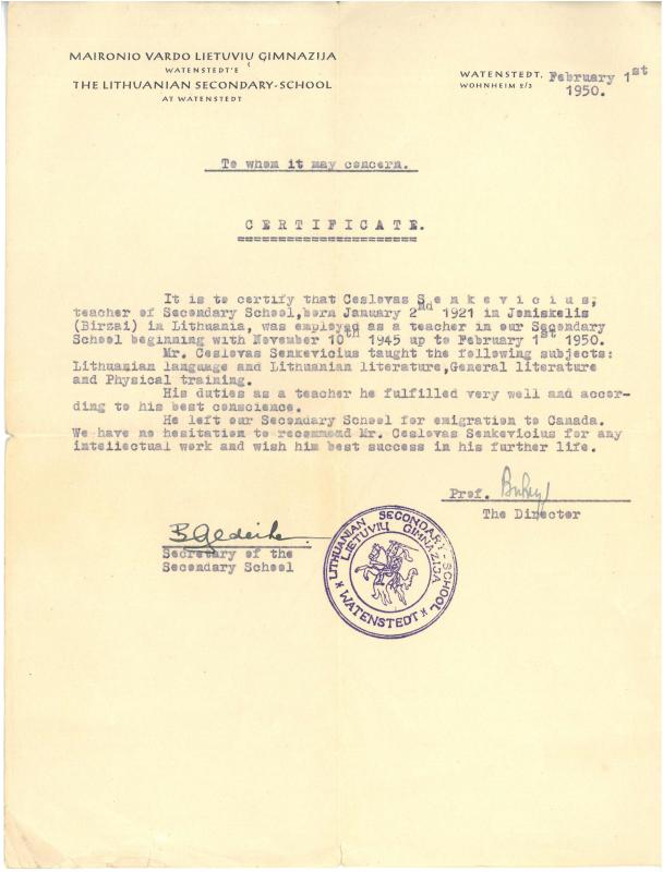 Maironio vardo lietuvių gimnazijos Watenstedtʼe liudijimas, išduotas Česlovui Senkevičiui. 1950 m. vasario 1 d.