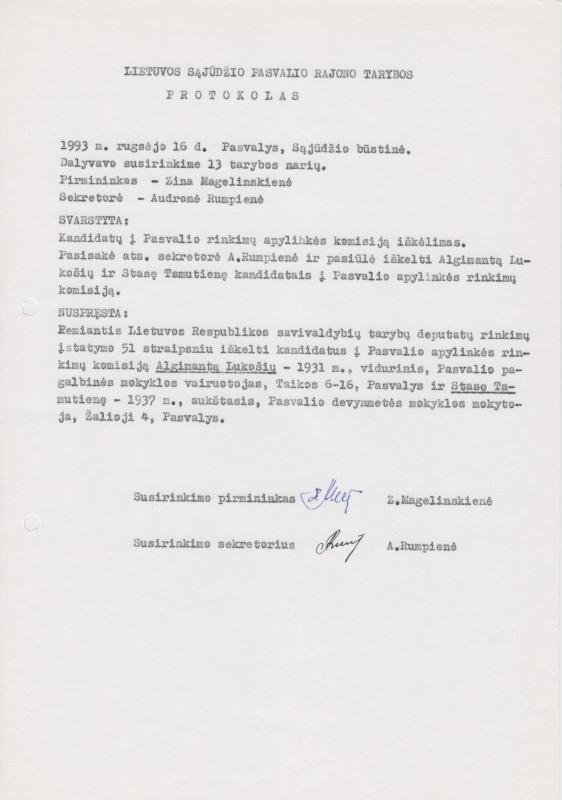 Lietuvos Sajūdžio Pasvalio rajono Tarybos 1993 m. rugsėjo 16 d. susirinkimo PROTOKOLAS