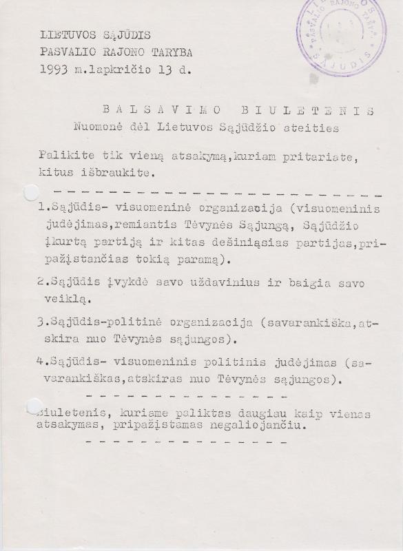 Lietuvos Sajūdžio Pasvalio rajono Tarybos  1993 m. lapkričio 13 d. BALSAVIMO BIULETENIS