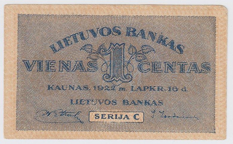 Banknotas. 1 centas. 1922 m. lapkričio 16 d. Lietuva
