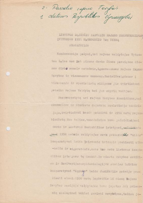 Lietuvos Sajūdžio Pasvalio rajono konferencijos, įvykusios 1991 m. gruodžio 7 d., REZOLIUCIJA