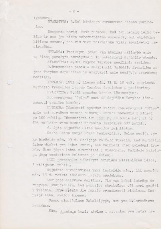 Lietuvos Sajūdžio Pasvalio rajono Tarybos susirinkimo, įvykusio 1991 m. liepos mėn. 4 d., PROTOKOLAS Nr. 16