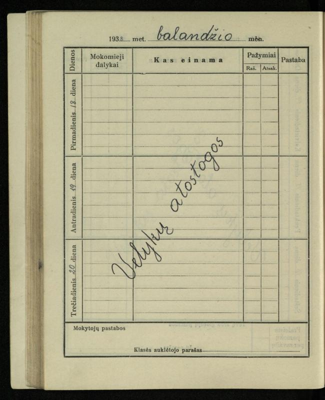 Pasvalio inž. P. Vileišio valstybinės gimnazijos I klasės mokinio Jono Mikelinsko dienynas. 1937–1938 m.