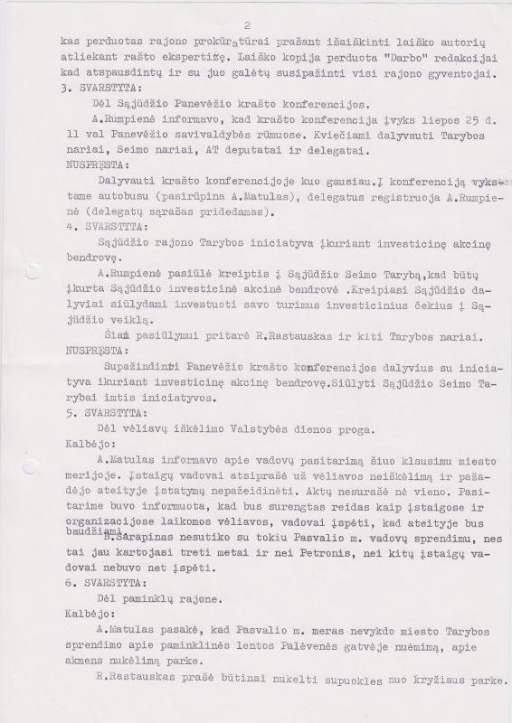 Lietuvos Sajūdžio Pasvalio rajono Tarybos 1992 m. liepos 23 d. posėdžio PROTOKOLAS Nr. 16