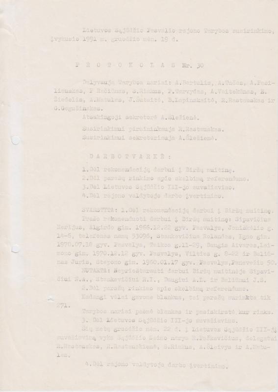 Lietuvos Sajūdžio Pasvalio rajono Tarybos susirinkimo, įvykusio 1991 m. gruodžio 19 d., PROTOKOLAS Nr. 30