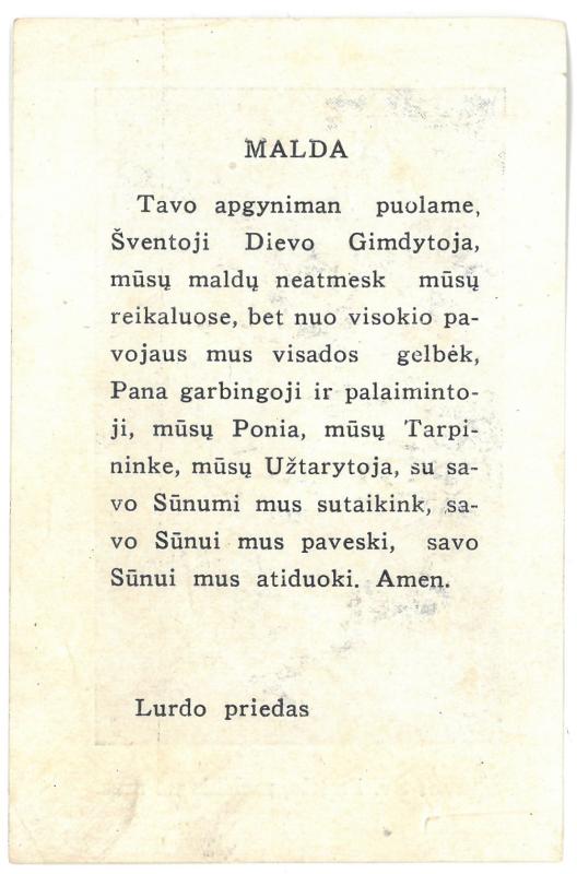 Religinis paveikslėlis. „Šiluvos Šv. Panele, melskis už mus“. Kitoje paveikslėlio pusėje – malda
