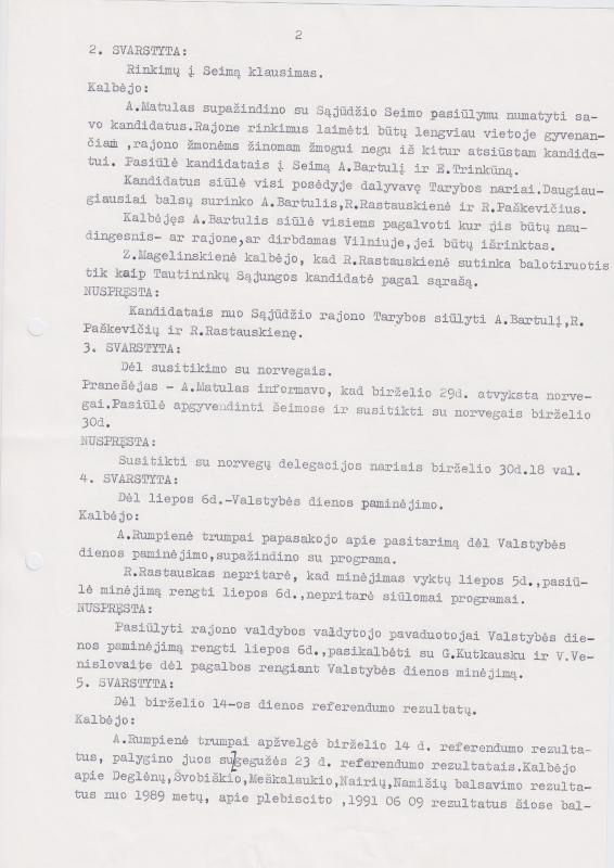 Lietuvos Sajūdžio Pasvalio rajono Tarybos 1992 m. birželio 25 d. posėdžio PROTOKOLAS Nr. 14