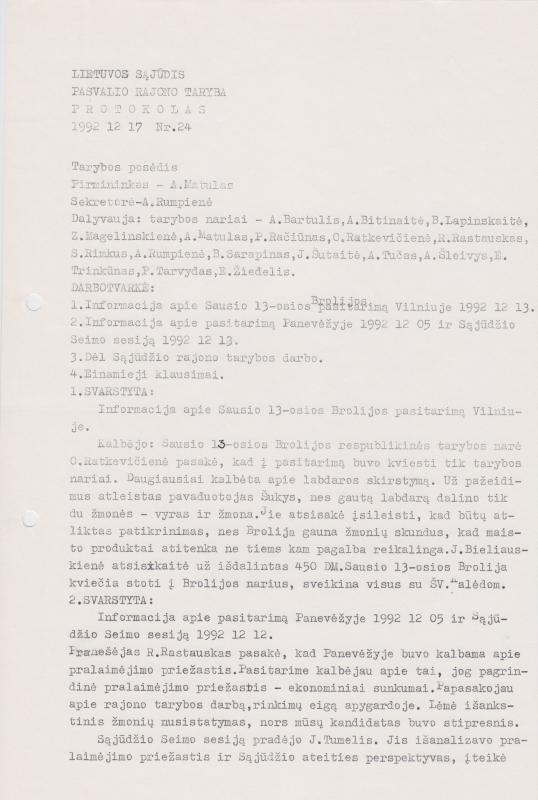 Lietuvos Sajūdžio Pasvalio rajono Tarybos 1992 m. gruodžio 17 d. posėdžio PROTOKOLAS Nr. 24