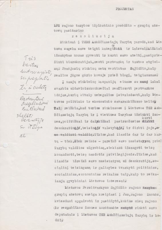 Projektas. LPS rajono tarybos išplėstinio posėdžio – grupių atstovų pasitarimo rezoliucija