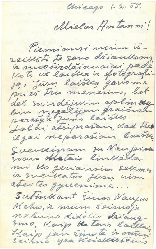 Kazio Balčiūno (slapyv. K. Chesek) laiškas  artimiesiems. 1955 m. vasario 1 d.