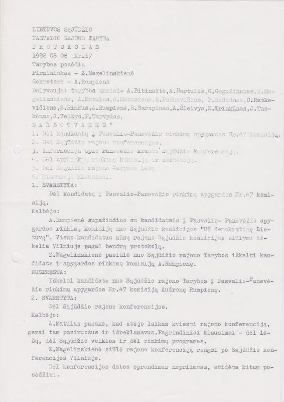 Lietuvos Sajūdžio Pasvalio rajono Tarybos 1992 m. rugpjūčio 6 d. posėdžio PROTOKOLAS Nr. 17