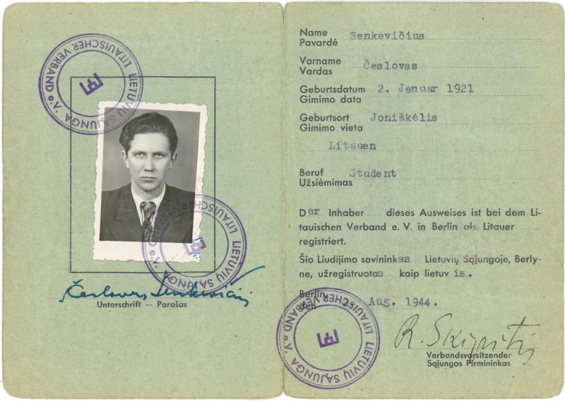 Lietuvių sąjungos Berlyne liudijimas, išduotas Česlovui Senkevičiui. 1944 m. rugpjūčio 2 d.
