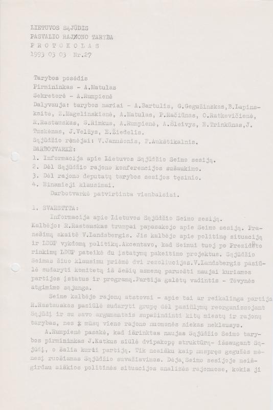 Lietuvos Sajūdžio Pasvalio rajono Tarybos 1993 m. kovo 3 d. posėdžio PROTOKOLAS Nr. 27