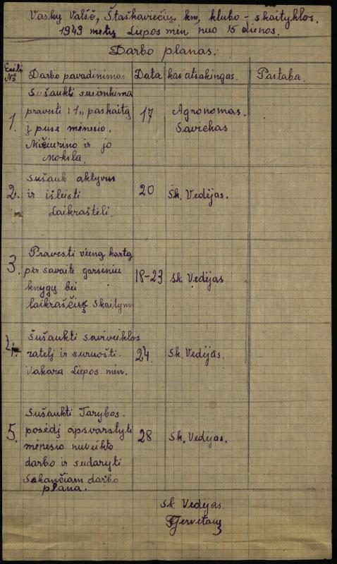 Vaškų vlsč. Staškavičių k. klubo-skaityklos darbo planas, 1949 m. nuo liepos 15 d.