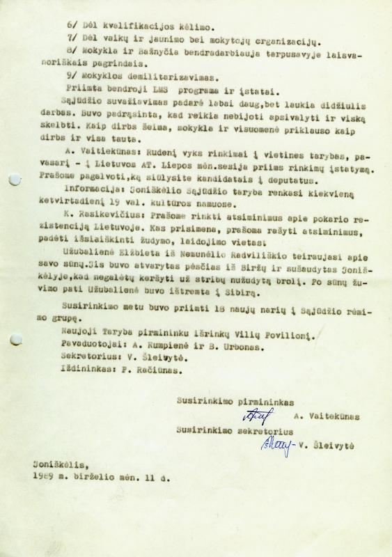 Išplėstinio Joniškėlio LP Sąjūdžio rėmimo grupės susirinkimo, įvykusio 1989.06.11, protokolas