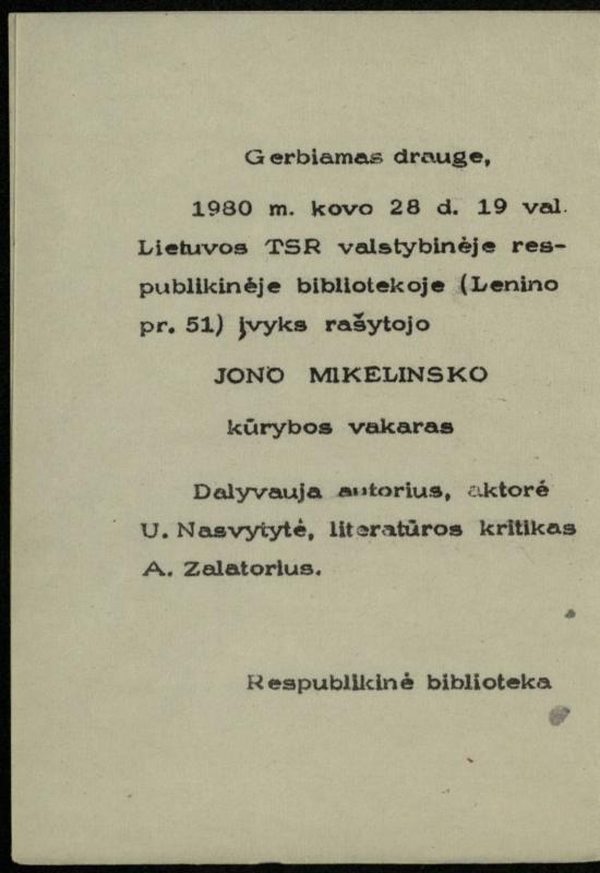 Kvietimas į Jono Mikelinsko kūrybos vakarą. 1980 m. kovo 28 d.