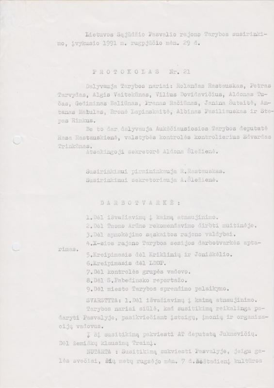 Lietuvos Sajūdžio Pasvalio rajono Tarybos susirinkimo, įvykusio 1991 m. rugpjūčio 29 d., PROTOKOLAS Nr. 21