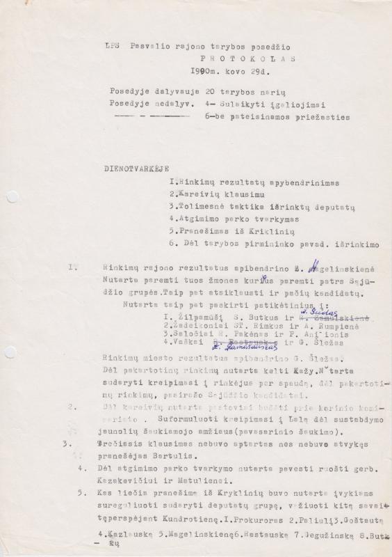 LPS Pasvalio rajono tarybos 1990 m. kovo 29 d. posėdžio PROTOKOLAS